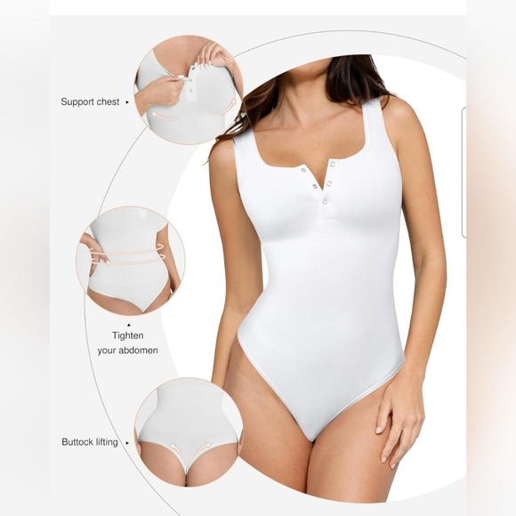 Popilush White Button Down Sleeveless Tummy Control Tank Top Bodysuit Size XS/S - Picture 3 of 11